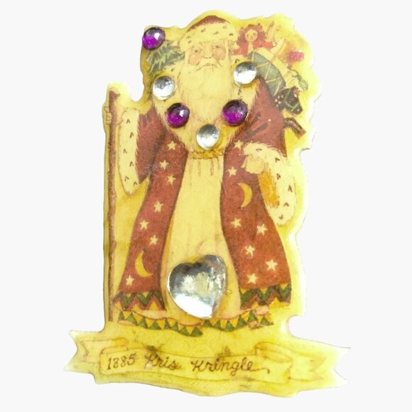 Kris Kringle Christmas Pin Brooch Vtg signed Bejeweled Handcrafted Copper Resin - Picture 2 of 7